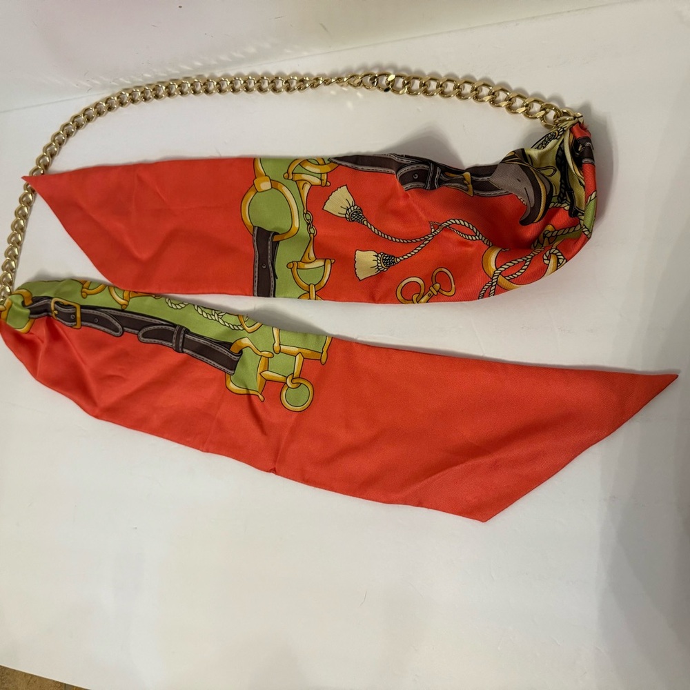 J. McLAUGHLIN BELT ORANGE GREEN SASH TIE GOLD CHAIN - Picture 7 of 9